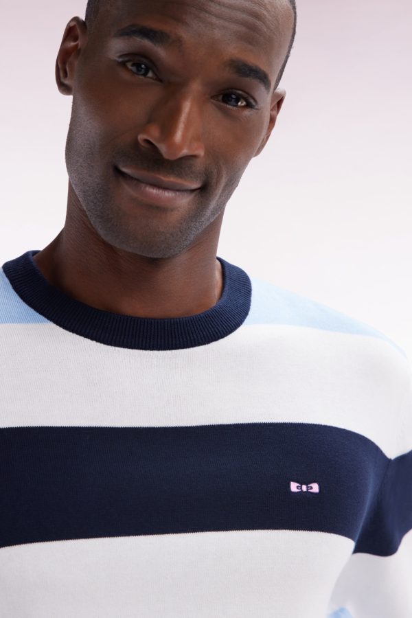Pull Col Rond Cerclé En Coton Ciel Et Blanc Eden Park – Image 4