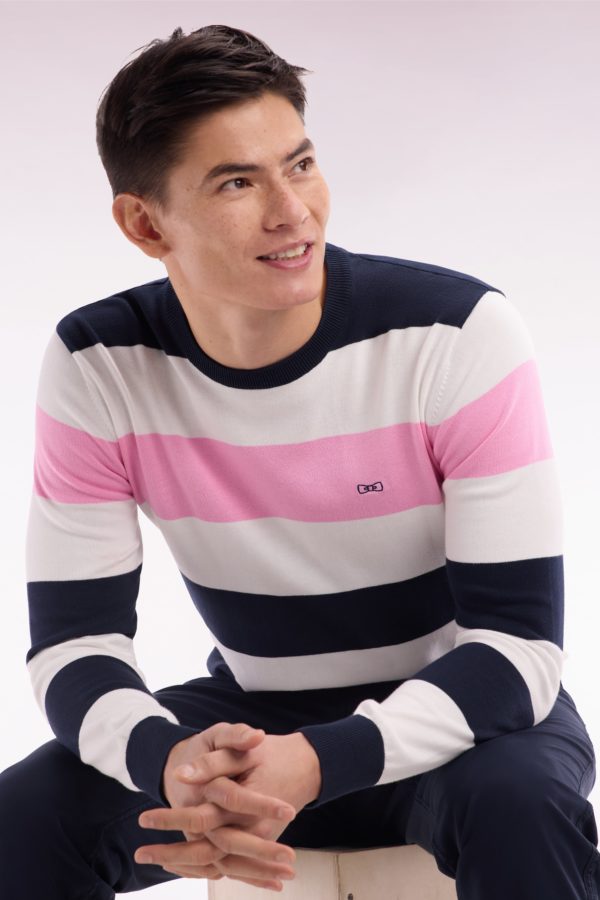 Pull Col Rond Cerclé En Coton Blanc Et Marine Eden Park – Image 2