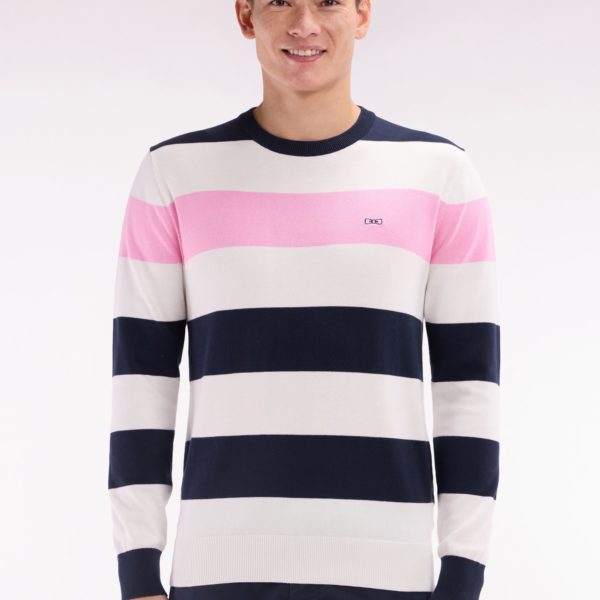 Pull Col Rond Cerclé En Coton Blanc Et Marine Eden Park