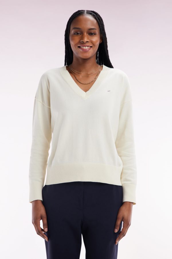 Pull Col V En Coton Beige Coupe Décontractée Eden Park – Image 2