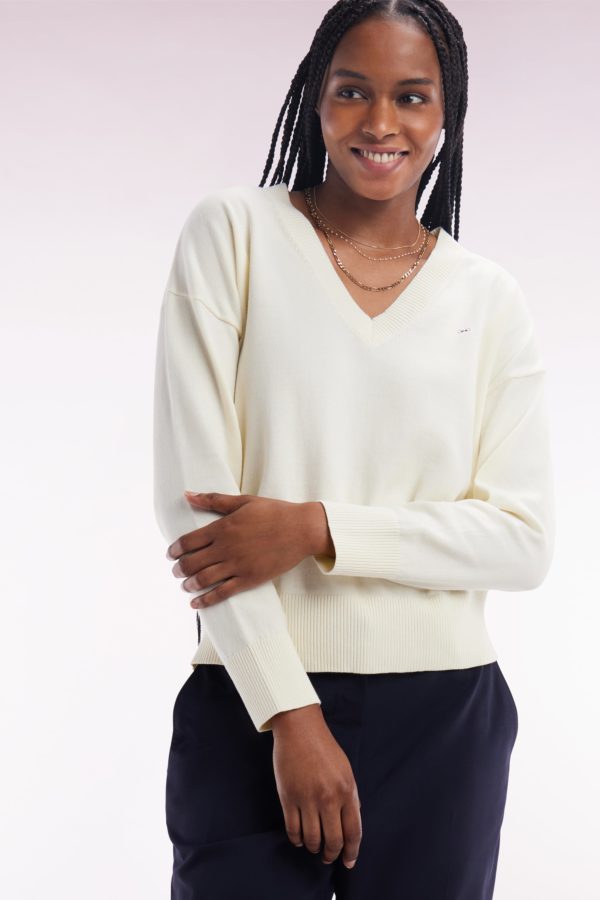Pull Col V En Coton Beige Coupe Décontractée Eden Park