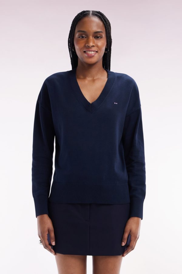 Pull Col V En Coton Marine Coupe Décontractée Eden Park – Image 2