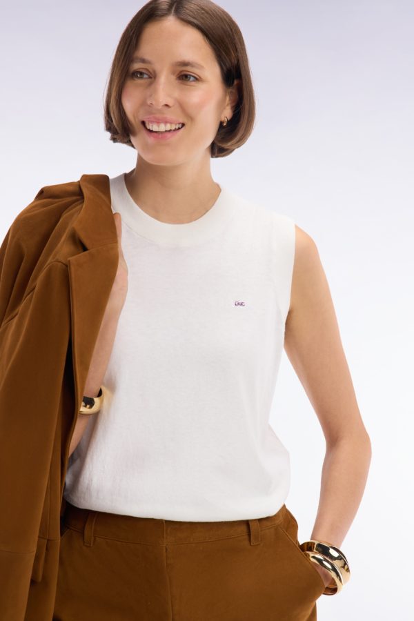 Pull Débardeur Fin À Col Rond En Coton Et Soie Mélangés Écru Coupe Décontractée Eden Park