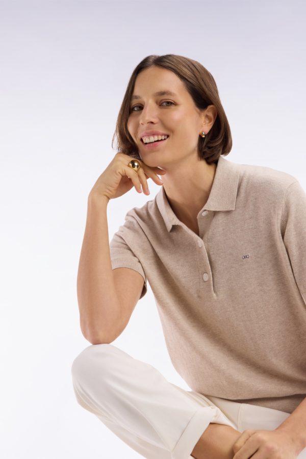 Pull Manches Courtes À Col Polo Beige Coupe Droite Eden Park