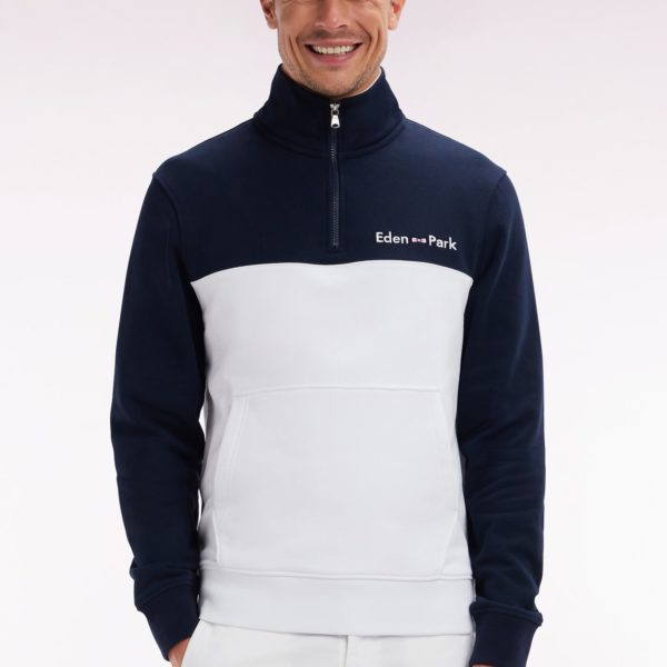 Sweatshirt À Col Camionneur En Coton Bicolore Blanc Et Marine Coupe Droite Eden Park