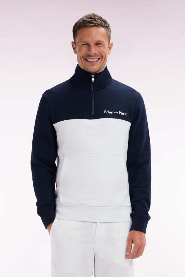 Sweatshirt À Col Camionneur En Coton Bicolore Blanc Et Marine Coupe Droite Eden Park