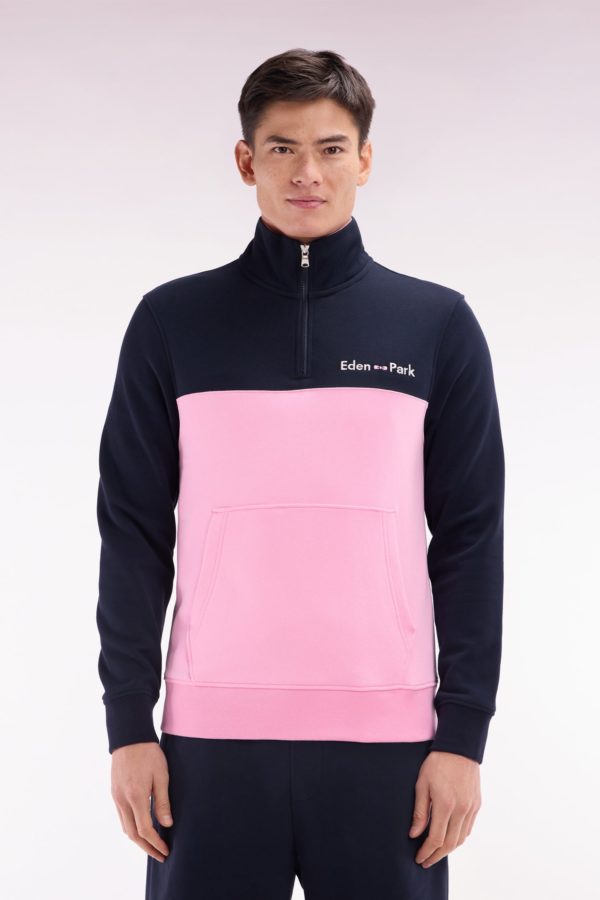 Sweatshirt À Col Camionneur En Coton Bicolore Rose Et Marine Coupe Droite Eden Park