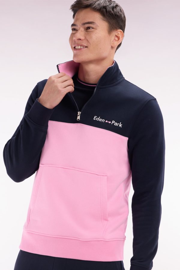 Sweatshirt À Col Camionneur En Coton Bicolore Rose Et Marine Coupe Droite Eden Park – Image 2