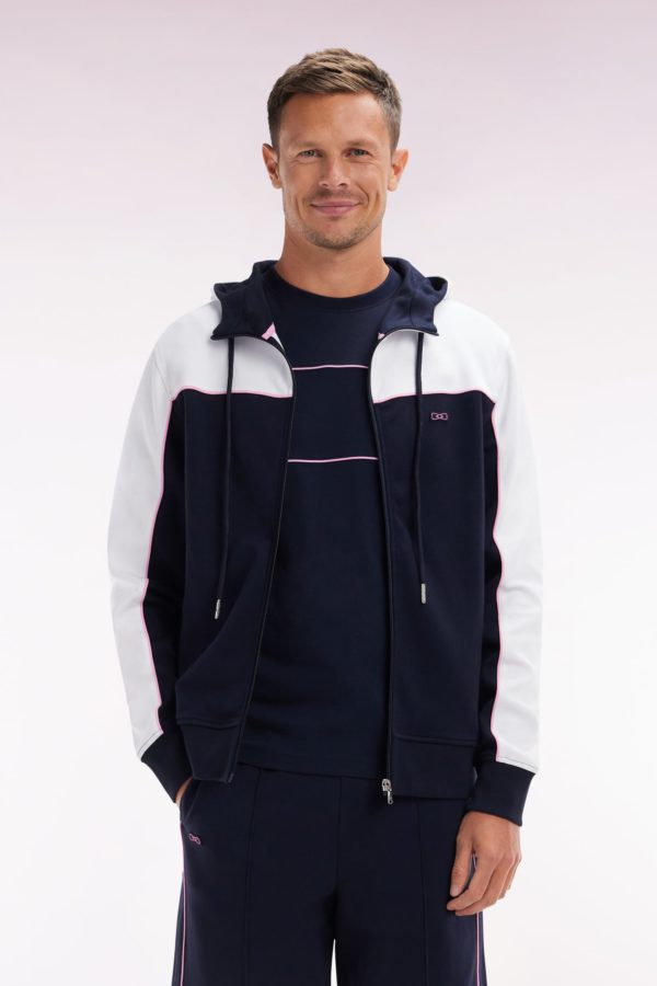 Sweatshirt Zippé À Capuche En Coton Marine Et Blanc Coupe Droite Eden Park