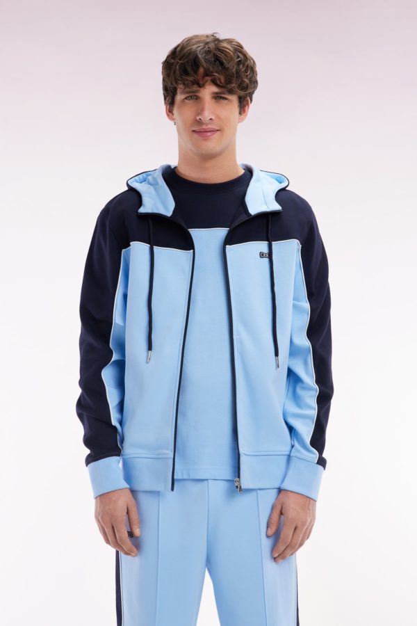 Sweatshirt Zippé À Capuche En Coton Ciel Et Blanc Coupe Droite Eden Park