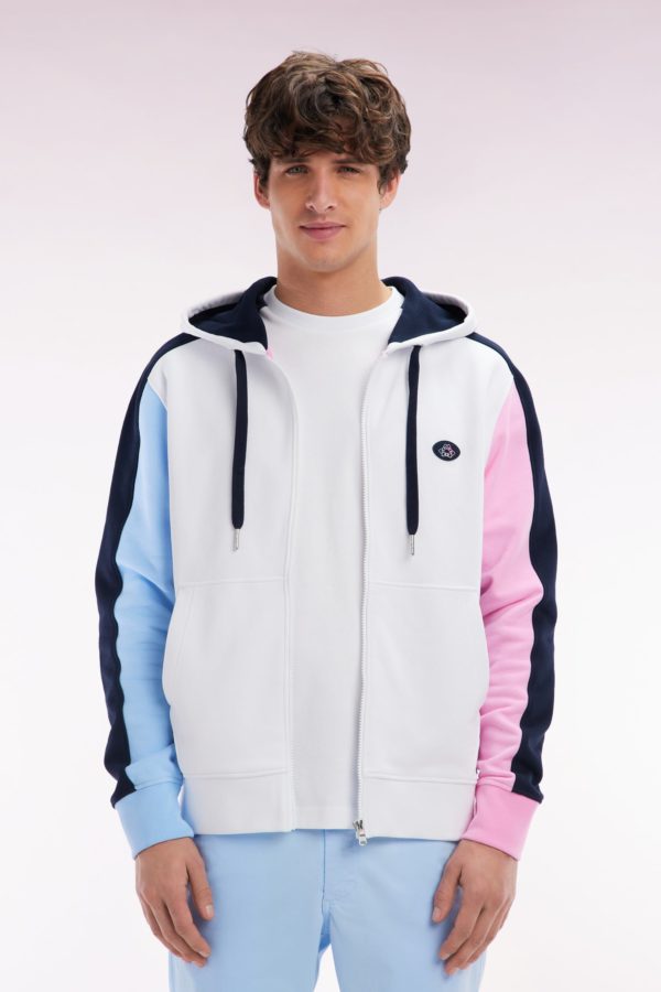 Sweatshirt Zippé En Molleton Coton Colorblock Blanc Coupe Droite Eden Park
