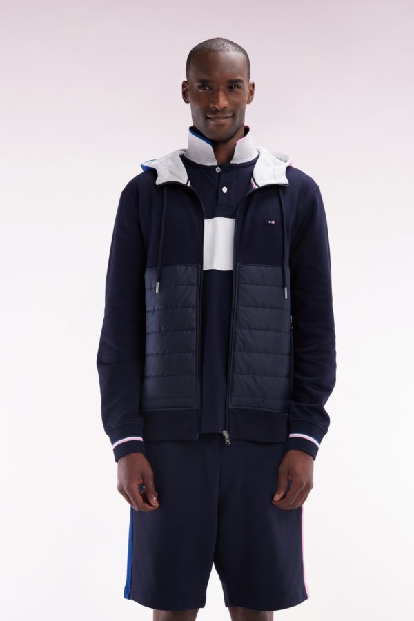 Sweatshirt Zippé Bimatière En Molleton Coton Marine À Parmenture Matelassée Coupe Droite Eden Park