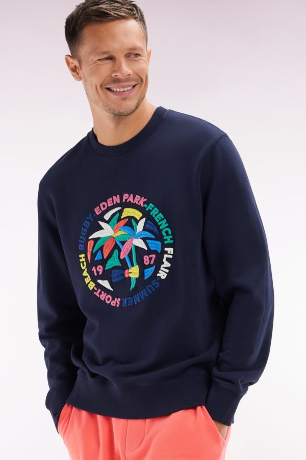 Sweatshirt En Coton Marine Broderie Palmiers Multicolore Coupe Décontractée Eden Park – Image 2