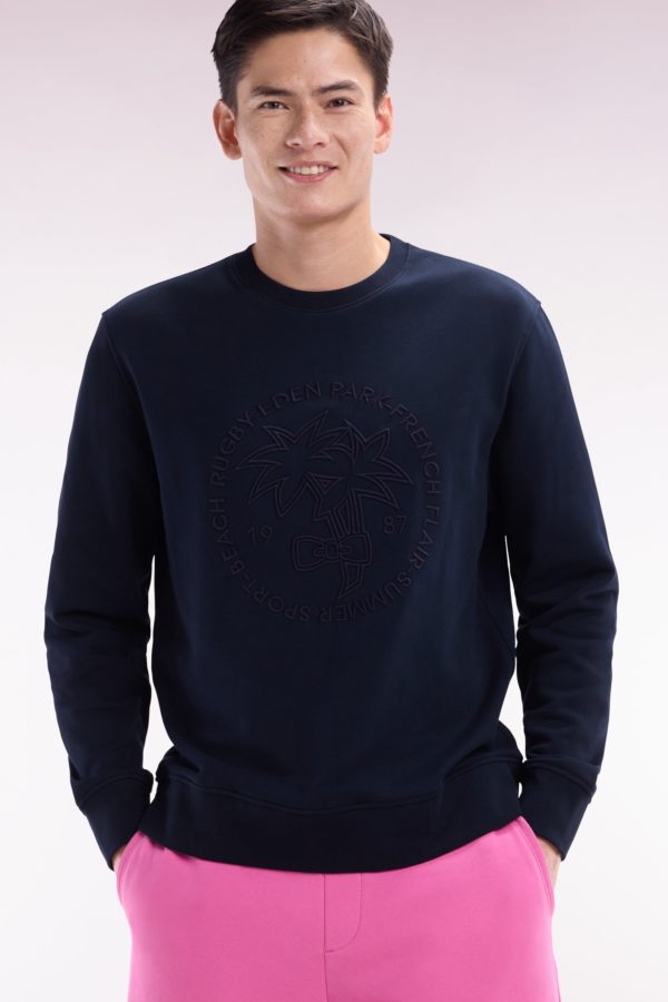 Sweatshirt En Molleton Coton Marine Broderie Palmier Ton Sur Ton Coupe Décontractée Eden Park – Image 2