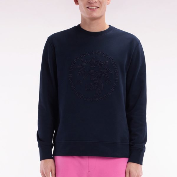 Sweatshirt En Molleton Coton Marine Broderie Palmier Ton Sur Ton Coupe Décontractée Eden Park