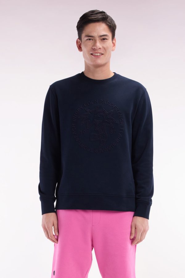 Sweatshirt En Molleton Coton Marine Broderie Palmier Ton Sur Ton Coupe Décontractée Eden Park