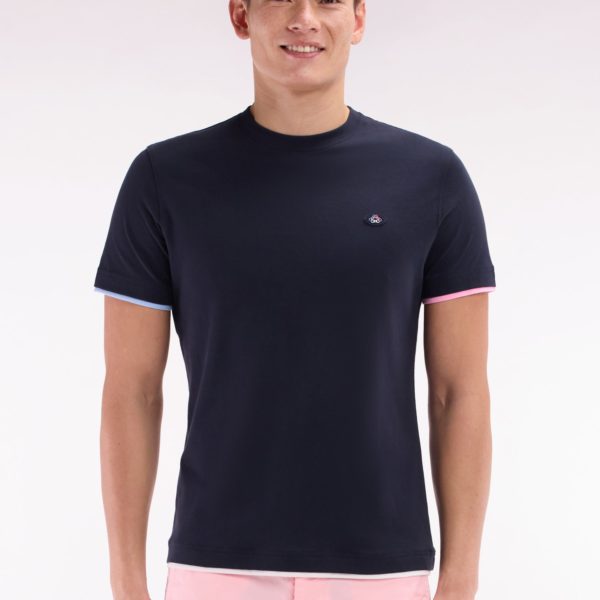 T-shirt Uni En Coton Marine Bordures De Manches Colorées Coupe Droite Eden Park