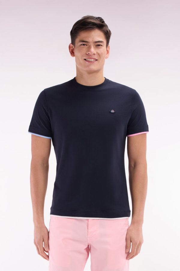 T-shirt Uni En Coton Marine Bordures De Manches Colorées Coupe Droite Eden Park