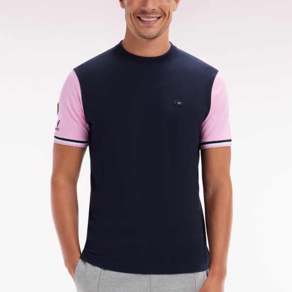 T-shirt Xv De France Bicolore En Coton Marine Et Rose Broderie Coq Coupe Droite Eden Park