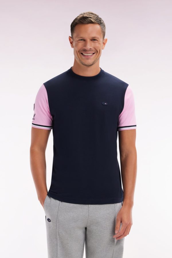T-shirt Xv De France Bicolore En Coton Marine Et Rose Broderie Coq Coupe Droite Eden Park