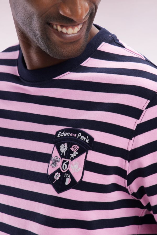 T-shirt Tournoi Des 6 Nations En Coton Rayé Marine Et Rose Coupe Droite Eden Park – Image 4