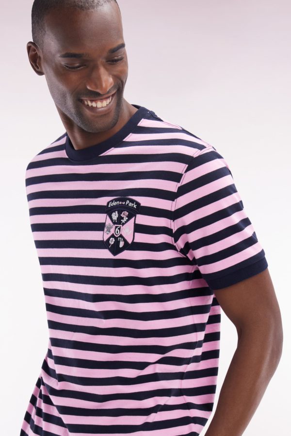 T-shirt Tournoi Des 6 Nations En Coton Rayé Marine Et Rose Coupe Droite Eden Park – Image 2