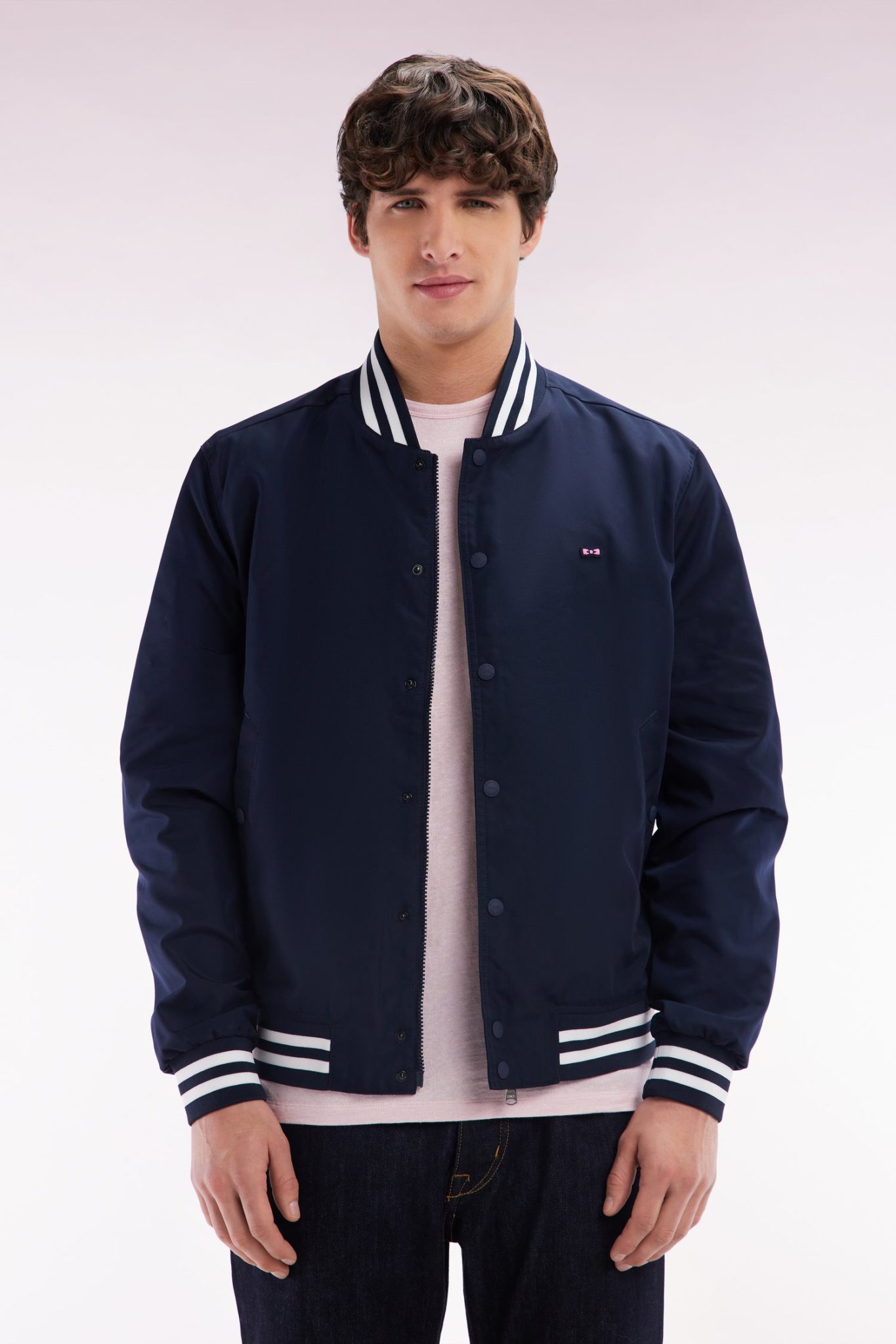 Blouson Teddy En Nylon Marine Bords-côtes Rayés Eden Park