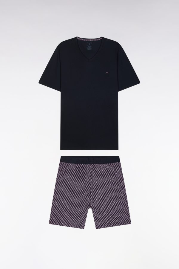 Pyjama Court En Jersey De Coton Marine Et Bordeaux Short À Micromotifs Eden Park
