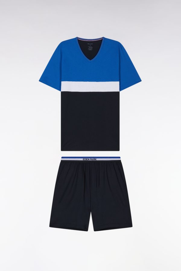 Pyjama Court En Jersey De Coton Marine Bleu Et Blanc Short À Détails Rayés Eden Park