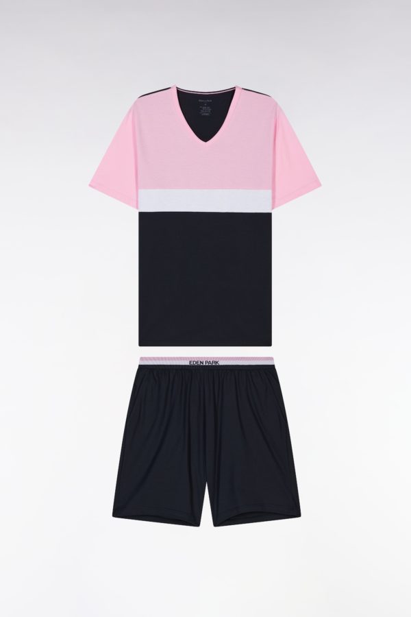 Pyjama Court En Jersey De Coton Marine Rose Et Blanc Short À Détails Rayés Eden Park