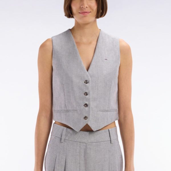 Gilet De Costume En Twill De Lin Et Laine À Chevron Gris Eden Park