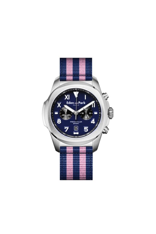 Montre À Quartz Chronographe Fond Bleu Bracelet Nato Rayé Eden Park