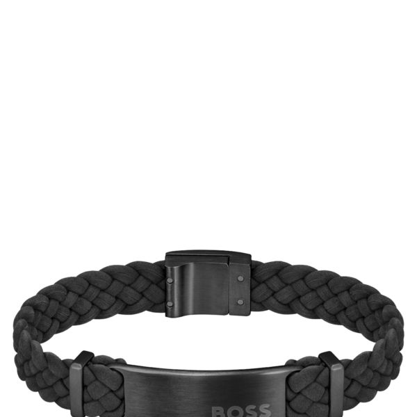 Hugo Boss Bracelet tressé en cuir suédé noir avec plaquette logo