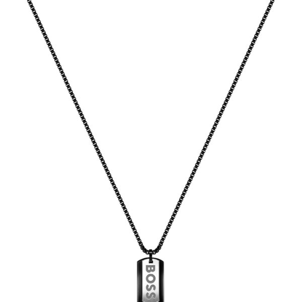 Hugo Boss Collier en acier noir avec pendentif à double étiquette logotée