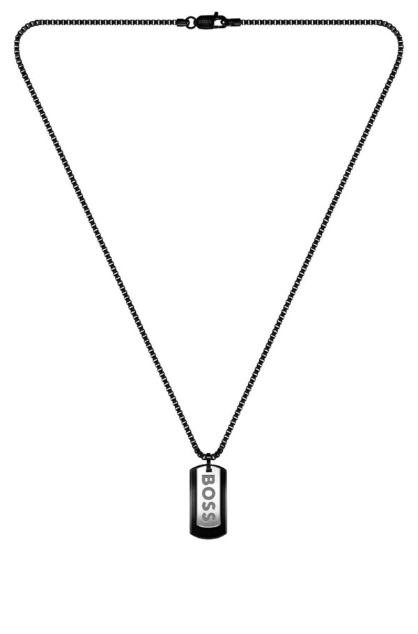 Hugo Boss Collier en acier noir avec pendentif à double étiquette logotée