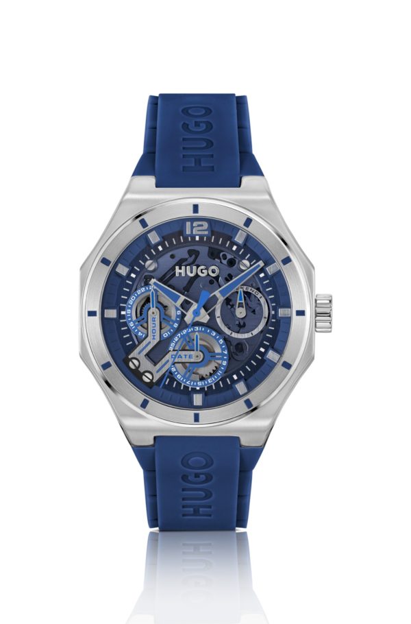 Hugo Boss Montre à cadran squelette et bracelet en silicone bleu