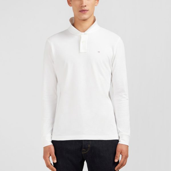 Polo Manches Longues Blanc Uni En Piqué De Coton Stretch Eden Park