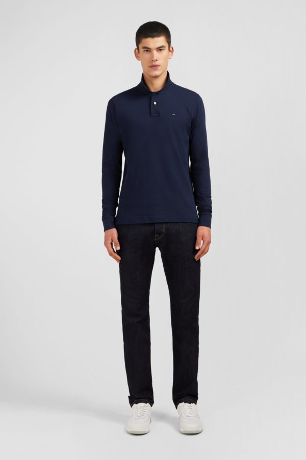 Polo Manches Longues Bleu Marine Uni En Piqué De Coton Stretch Eden Park – Image 6