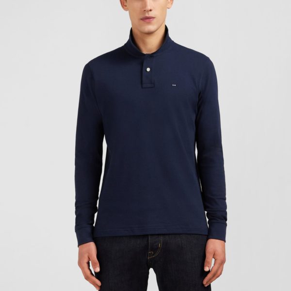 Polo Manches Longues Bleu Marine Uni En Piqué De Coton Stretch Eden Park