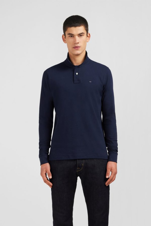 Polo Manches Longues Bleu Marine Uni En Piqué De Coton Stretch Eden Park