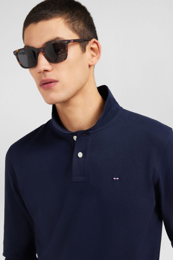Polo Manches Longues Bleu Marine Uni En Piqué De Coton Stretch Eden Park – Image 2