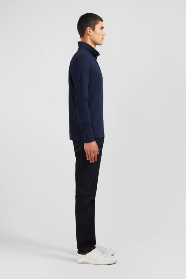 Polo Manches Longues Bleu Marine Uni En Piqué De Coton Stretch Eden Park – Image 4