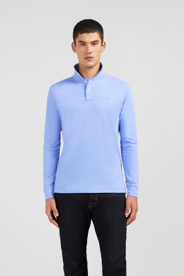 Polo Manches Longues Bleu Uni En Piqué De Coton Stretch Eden Park