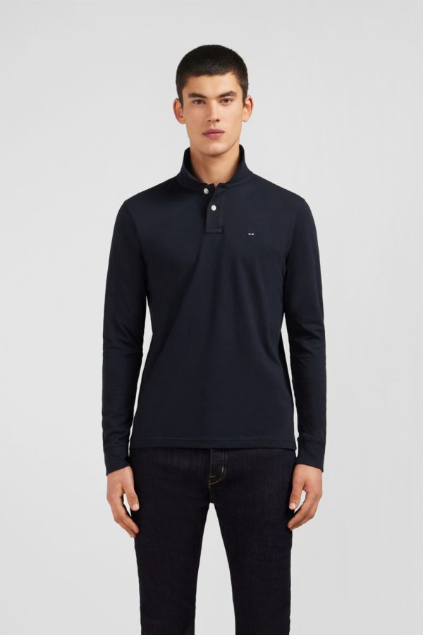 Polo Manches Longues Noir Uni En Piqué De Coton Stretch Eden Park