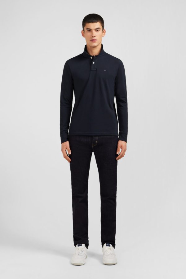 Polo Manches Longues Noir Uni En Piqué De Coton Stretch Eden Park – Image 6