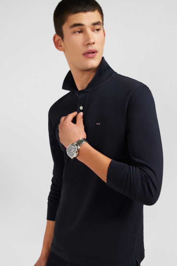 Polo Manches Longues Noir Uni En Piqué De Coton Stretch Eden Park – Image 2