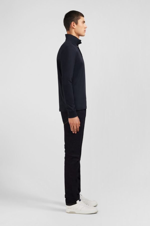 Polo Manches Longues Noir Uni En Piqué De Coton Stretch Eden Park – Image 4