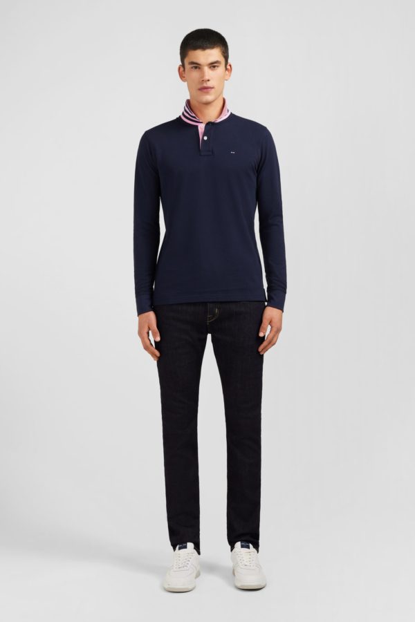 Polo Manches Longues Bleu Marine En Coton Avec Col Contrasté Eden Park – Image 9