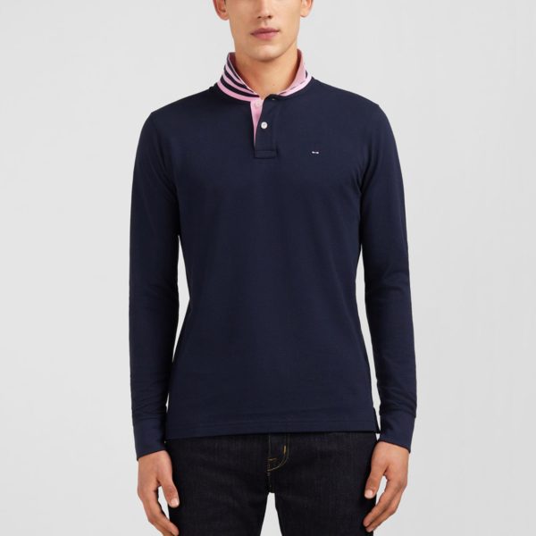 Polo Manches Longues Bleu Marine En Coton Avec Col Contrasté Eden Park