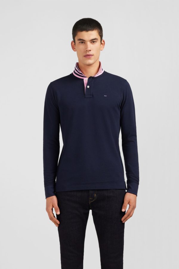 Polo Manches Longues Bleu Marine En Coton Avec Col Contrasté Eden Park